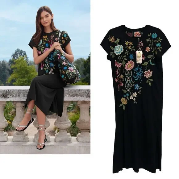 JOHNNY WAS NWT Boho Floral Embroidered Relaxed Knit Midi Dress - Picture 1 of 16